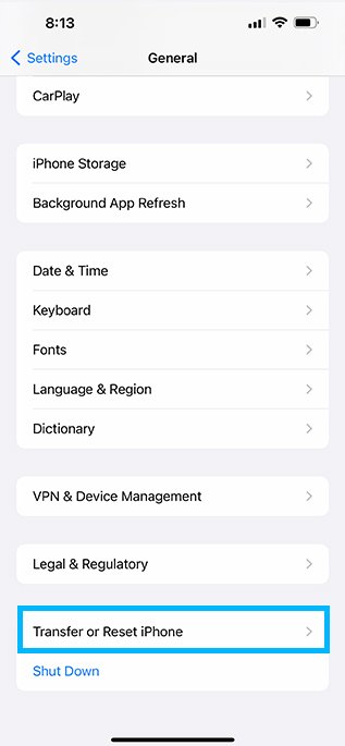 Transfer and Reset iPhone in General menu