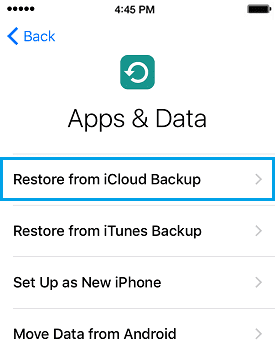 Restaurer à partir de l'option de sauvegarde iCloud sur les applications iPhone et l'écran de données