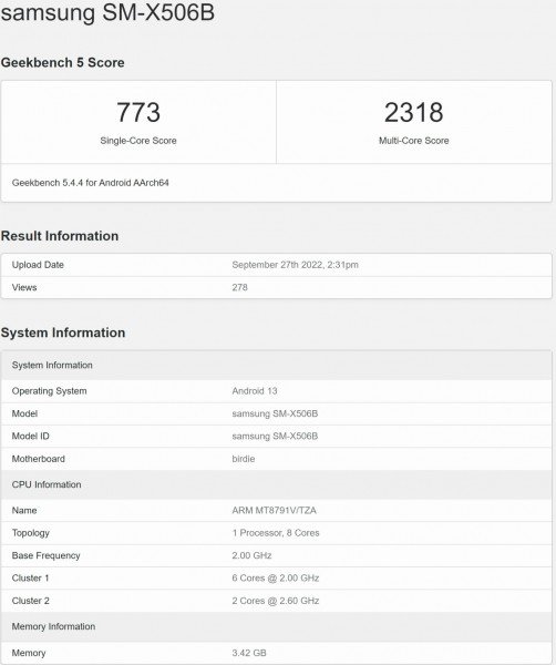 Les spécifications clés du Samsung Galaxy Tab S8 FE révélées par Geekbench