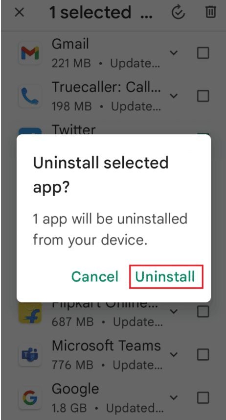 appuyez sur l'option de désinstallation pour supprimer l'application sélectionnée Google Play Store.  Comment surmonter l'erreur LoL Wild Rift Login Failed 10003