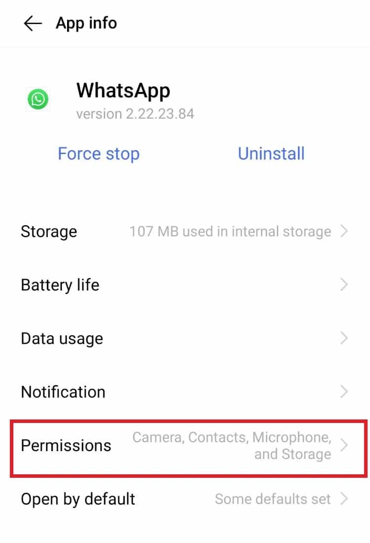Appuyez sur Autorisations.  7 façons de surmonter WhatsApp et de ne pas synchroniser les contacts sur Android