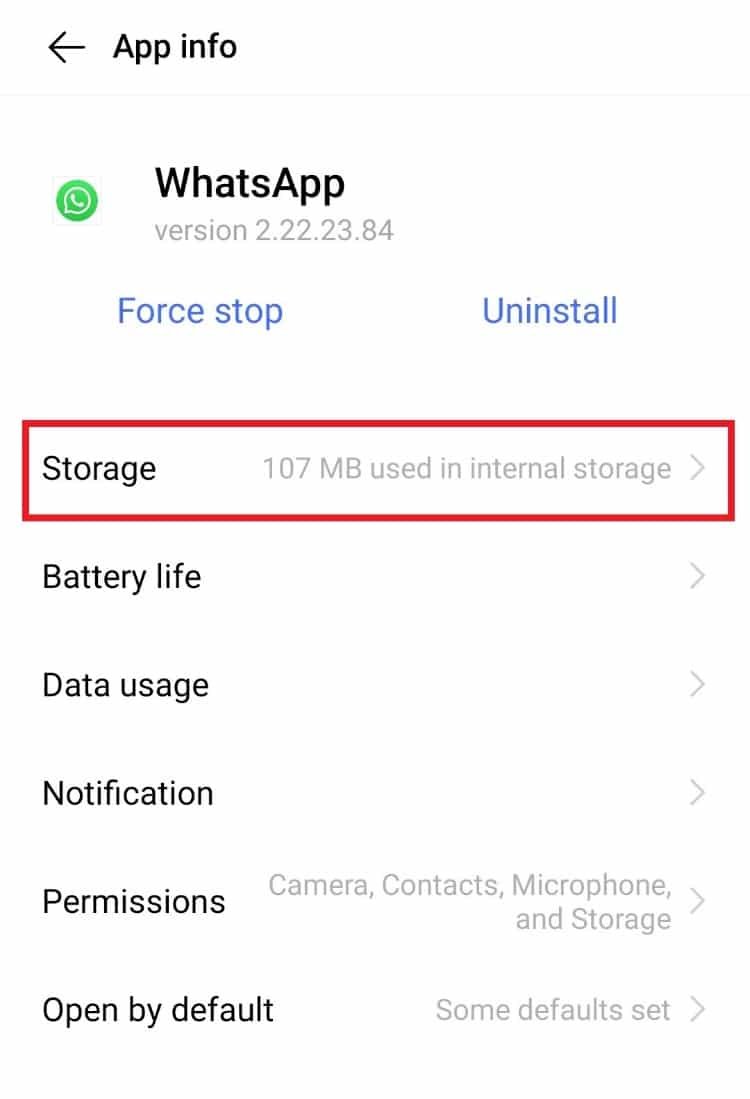 Appuyez sur Stockage.  7 façons de surmonter WhatsApp et de ne pas synchroniser les contacts sur Android