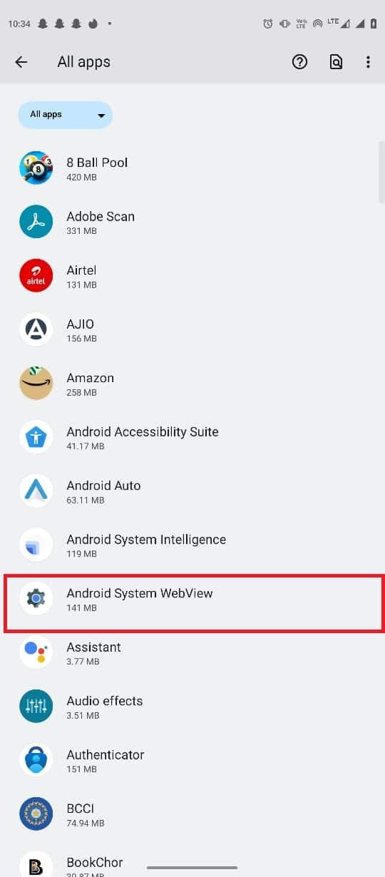     Recherchez et appuyez sur Android System WebView.  Résoudre le problème de non mise à jour de WebView du système Android