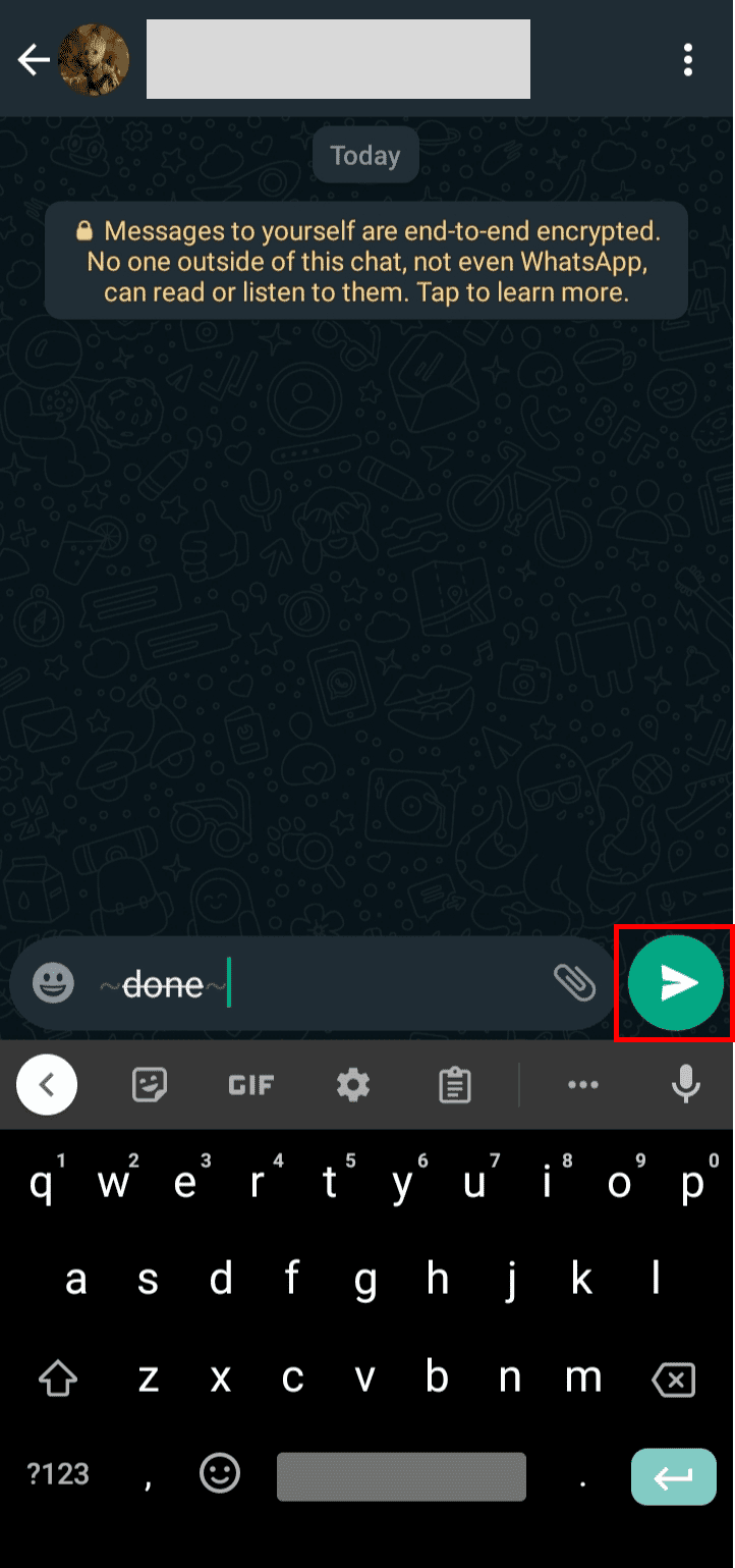 Appuyez sur l'icône Envoyer à côté de la boîte de message pour envoyer un texte barré à quelqu'un.  |  Comment obtenir Scribble sur Android