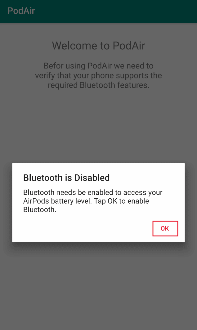 La fenêtre contextuelle Bluetooth désactivé apparaîtra, appuyez sur OK pour activer Bluetooth. 