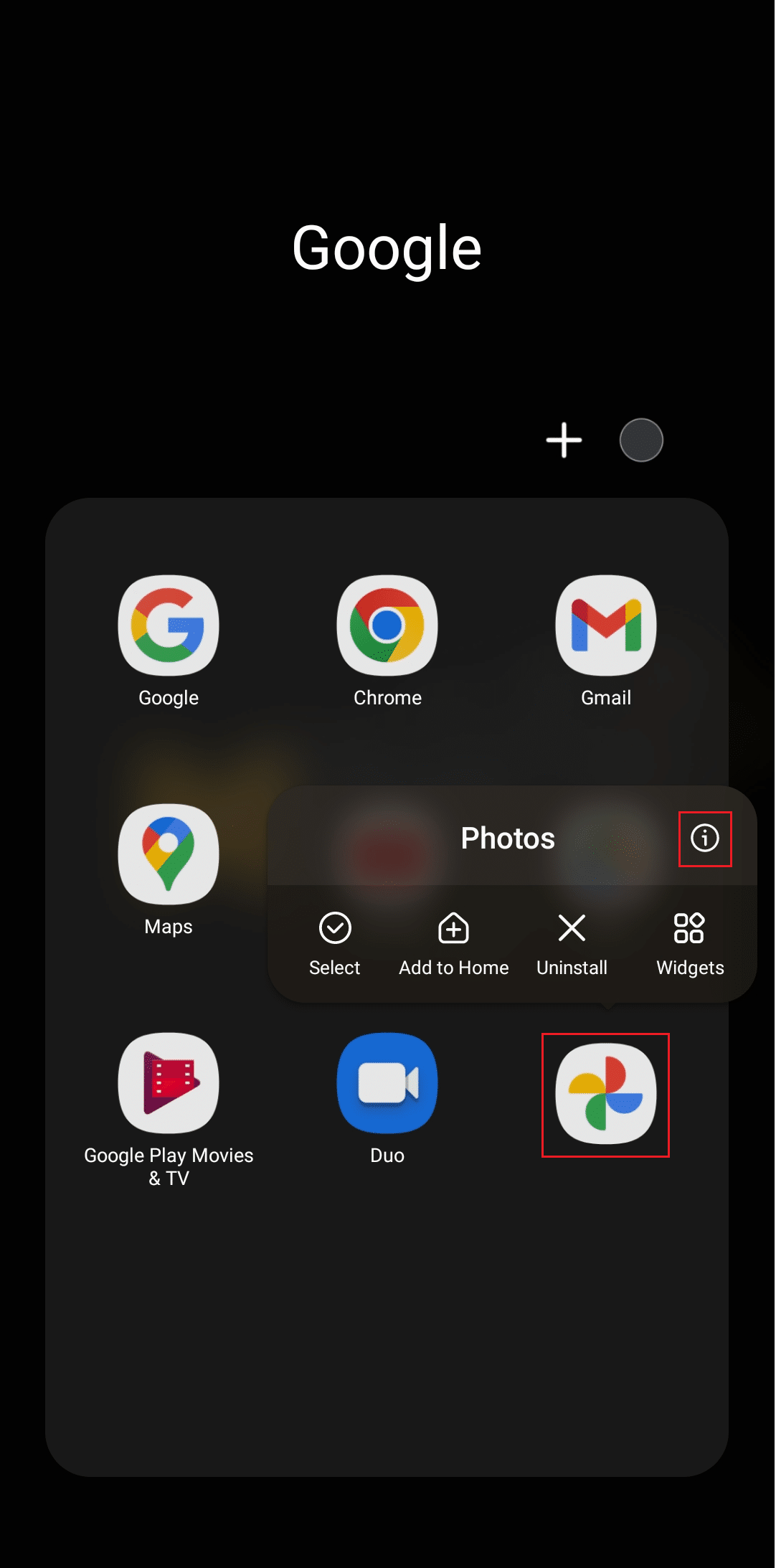 L'icône Google Photos sur les appareils Android avec.  bouton d'information (i).