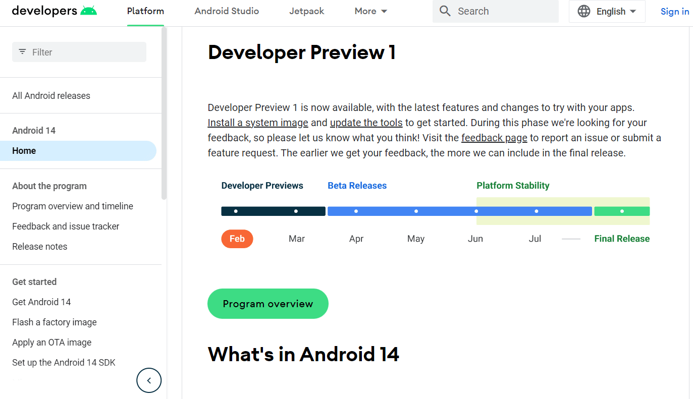 Aperçu du développeur pour Android 14