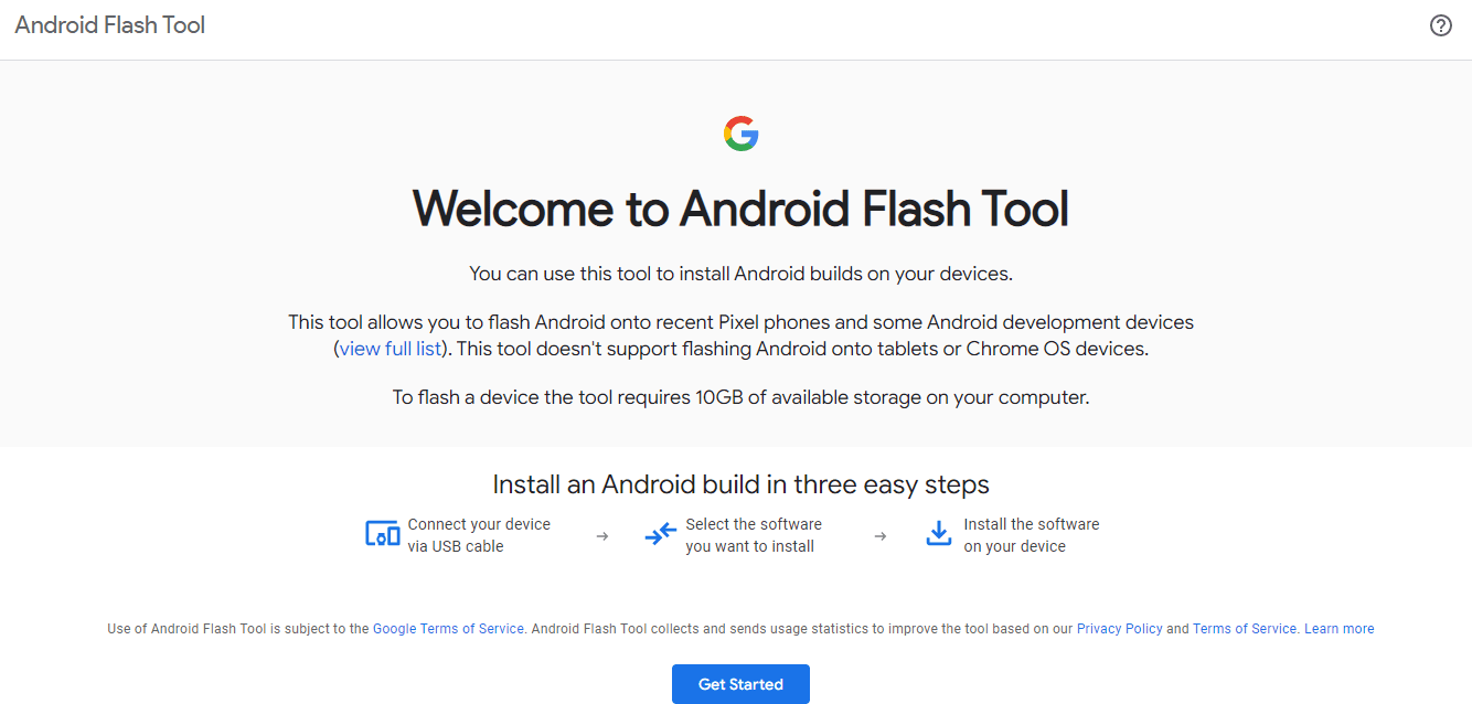 Le site officiel d'Android Flash Tool.  Comment passer d'Android 14 à Android 13